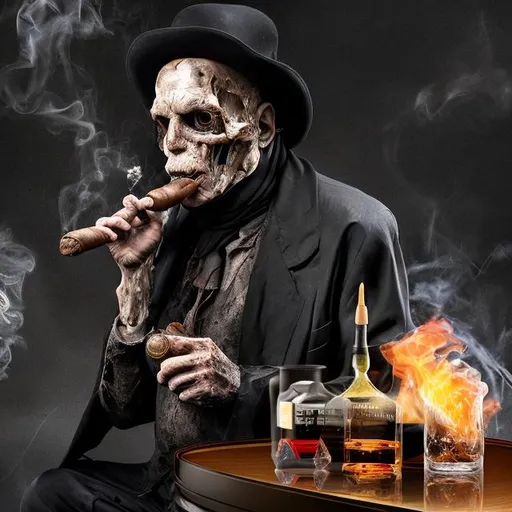 Prompt: A man in advanced decomposition state using black clothes, a black hat, black cape, smoking a cigar  with a whisky  bottle