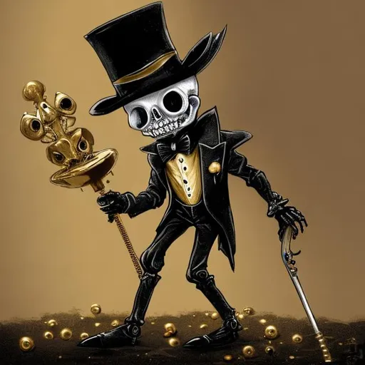 Prompt: Tender tiny skeleton wearing a black suit with its golden buttons, a golden bowtie and a Top Hat with a fancy walking stick, concept art