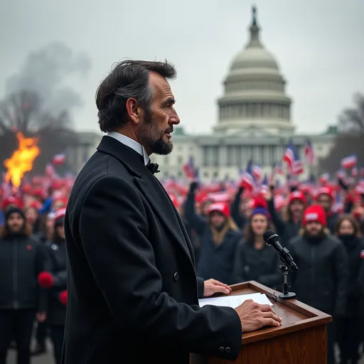 Prompt: Abraham Lincoln speaking in front of the US Capitol during the January 6, 2021 Insurrection in front of a mob of Donald Trump MAGA supporters photorealistic