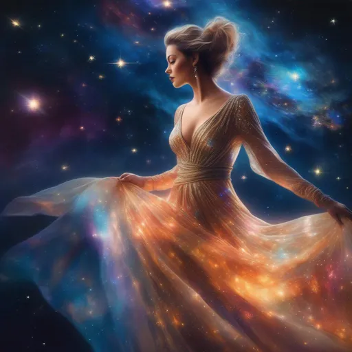 Prompt: Exquisit, hyper realistic, buxom, beautiful woman wearing a flowing, revealing, Iridescence, glowing, sparkly, filmy gown, falling backwards through space, the stars, galaxies and nebulas, planets and shooting stars