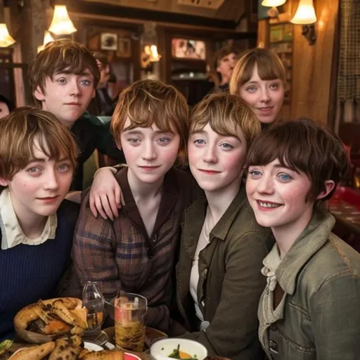 Prompt: Saoirse Ronan with a pixie cut and bangs while Amybeth McNulty has a pageboy bob and bangs are happily posing together with some fans at restaurant.