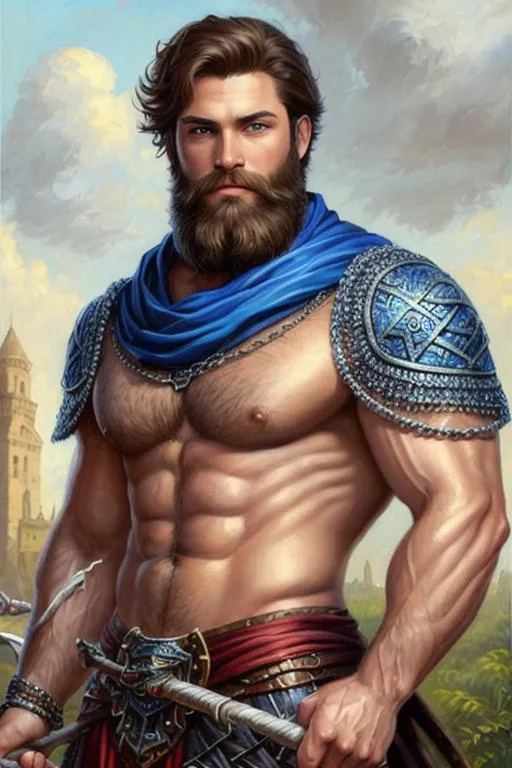 Prompt: oil painting, male fantasy character, strong musculature, moderately hairy, very handsome, short hair and beard, blue eyes, chain mail, crimson clothing, wielding a quarter staff.