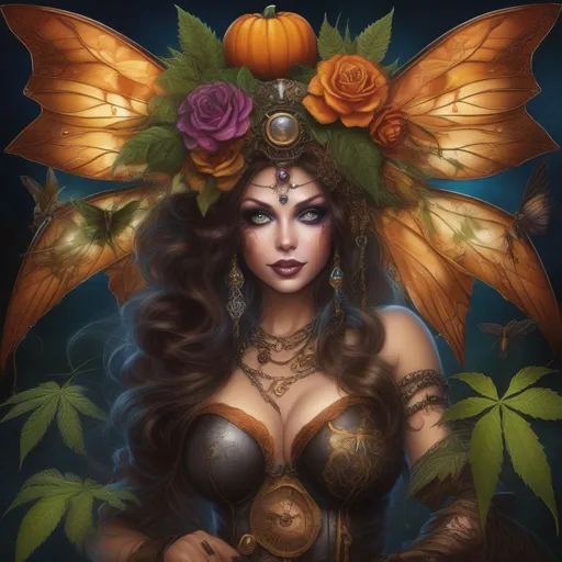 Prompt: ((Epic)). ((Hyper real painting)). Halloween night.  Shes a ((colorful)) ,steam punk, belly dancer, witch.  A ((spectacular)), winged, Cannabis fairy. ((An extremely beautiful)), buxom,  shapely woman with, ((Anatomically real hands)), and ((vivid)), ((colorful)), ((extremely, bright eyes)),  wearing a skimpy, ((colorful)), ((gossamer)), ((flowing outfit)). ((Wide angle)).. ((high resolution detailed)) .Sony a7 IV. Enscape render. ((Cinematic)).(Concept art). 