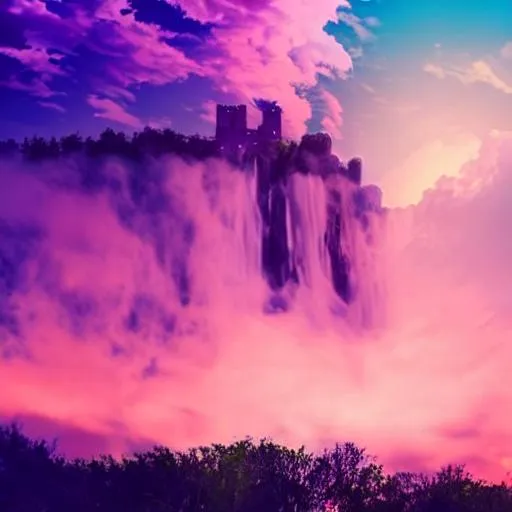 Prompt: purple and pink sky with clouds, waterfall; 10 falling from a cloud, red moon, castle in the sky