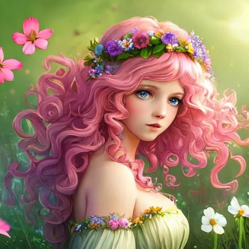 Prompt: a youngfairy goddess of spring, very curlsy hair, pink glow,  wildflowers, vivid colors, closeup