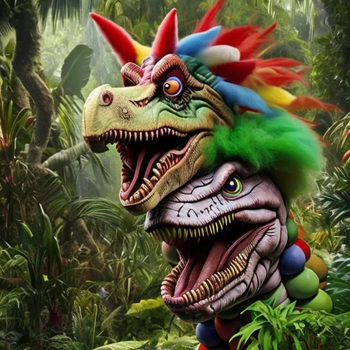 Prompt: anthropomorphic dinosaur clown in full clown costume plays in the jungle,realistic, extradetailed,HD