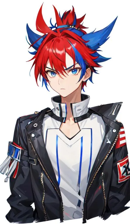 Prompt: Aster, 1 male. intimidating, blue and red mohawk