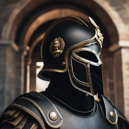 Prompt: A modern roman military male in black military armor galea helmet of roman armor, and gas mask, background military base, Hyperrealistic, sharp focus, Professional, UHD, HDR, 8K, Render, electronic, dramatic, vivid, pressure, stress, nervous vibe, loud, tension, traumatic, dark, cataclysmic, violent, fighting, Epic