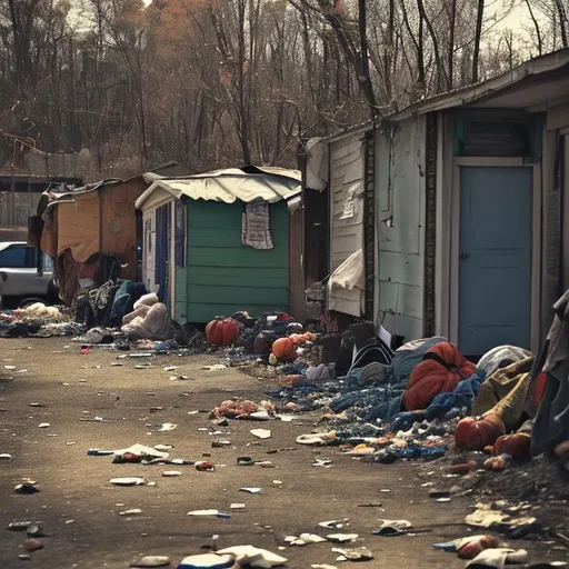 Prompt: A photo taken inside the slums of oniontown Homeless, trailer park ,forest , trash , fall , little town 
