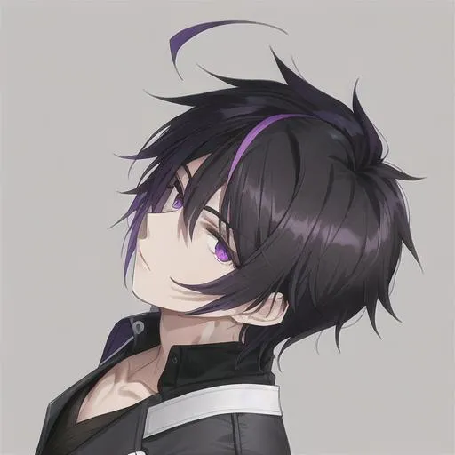 Prompt: Male short side swept black hair with purple highlights covering his right eye, full body