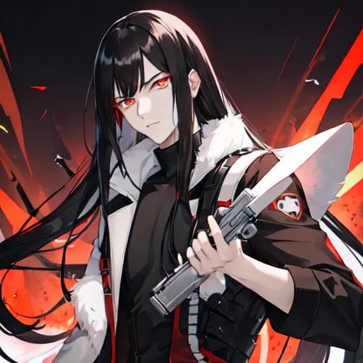 Prompt: 1male (pale) long black hair) (red eyes) holding a gun, nuclear fallout