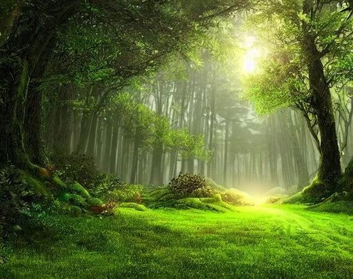 Prompt: (masterpiece) (landscape) lush verdant, open glowing portal between two trees, teleportation, digital art, highly detailed, lovely, soft