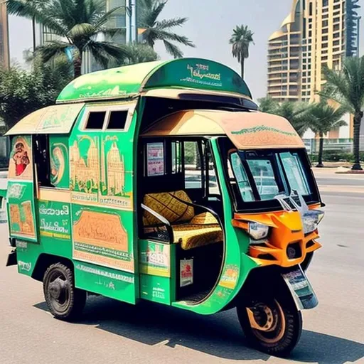 Prompt: An Pakistani auto rickshaw running on streets of dubai
