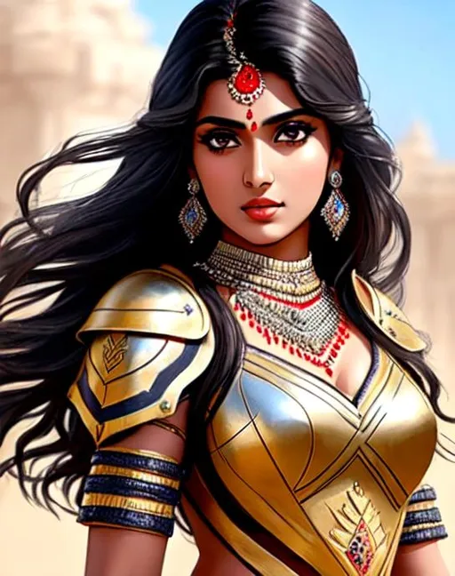 Prompt: Sadaf Mohammed Sayed, Indian actress who mainly appears in Telugu, Tamil, and Kannada films, 17 years old,  in outdoor villiage, wearing tribal cueitl armor, parted bangs, black hair with highlights, brown eyes, ethereal, jewelry set balayage wild hair, royal vibe, highly detailed, digital painting, Trending on artstation ,tan skin, HD quality, Big Eyes,artgerm, by Ilya Kuvshinov 