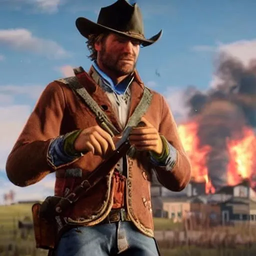 Prompt: Arthur Morgan smoking a cigar while a town burns to the ground in the background