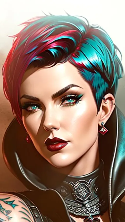 Prompt: Full shot of ruby rose, (very short pixie cut, dark teal hair with streaks), serious look, pretty, busty, uhd, wearing tight medieval black leather with many knifes, tattooed, perfect composition, beautiful detailed eyes, dirty, fantasy, rough, highly detailed, digital painting, 4k, HDR, concept art, smooth, sharp focus, illustration, dnd character