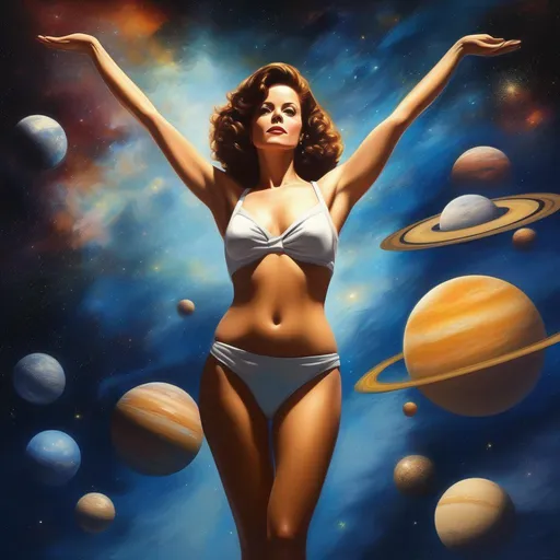 Prompt: (masterpiece, professional oil painting, epic digital art, best quality:1.5), Sigourney Weaver, equal proportions, equal body ratio, equal face ratio, floating through space, stars, galaxies, nebulas, 50s pinup style, Sling Bikini
