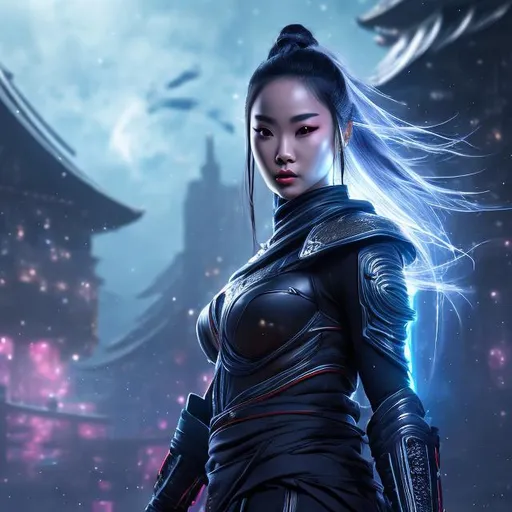Prompt: create photograph of beautiful female ninja who is wearing bright futuristic ninja robes,  night time and beautiful sky  space and planets an nebulae in sky highly detailed, detailed face, extremely detailed environment, extremely detailed background, extremely detailed skin, extremely detailed clothing, natural colors , professionally color graded, photorealism, 8k, realistic, moody lighting, galactic environment, volumetric lighting