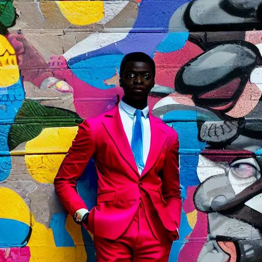 Prompt: In the bustling streets of Lagos, Nigeria, a male model stands in front of a colorful mural wearing a Dior suit in bold colors. Captured with a Hasselblad camera, the focus is on the model's half-face, with key lighting that accentuates his chiseled features. The image is retouched with high contrast, creating a sense of energy and excitement.