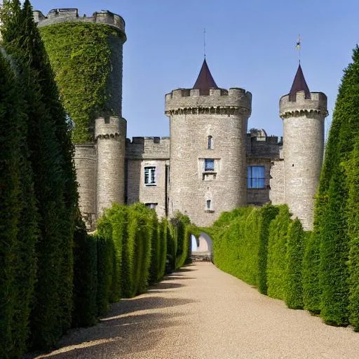 Prompt: A gravel path along a green hedge leading to a tree-lined castle. outside stands a ruddy horse