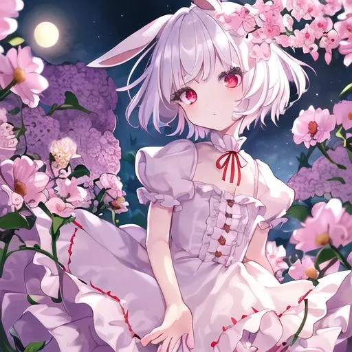 Prompt: (masterpiece, best quality:1.2), illustration, absurdres, highres, extremely detailed, 1 petite girl, white short hair, rabbit ears, red eyes, eye highlights, dress, short puffy sleeves, frills, outdoors, flower, fluttering petals, upper body, (moon:1.2), night, depth of field, (:d:0.8), chromatic aberration abuse,pastel color, Depth of field,garden of the sun,shiny,Purple tint,(Purple fog:1.3)