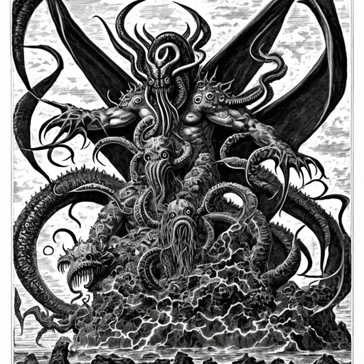 Prompt: Baphomet, Tiamat, Leviathan, Cthulhu, Black and White, 