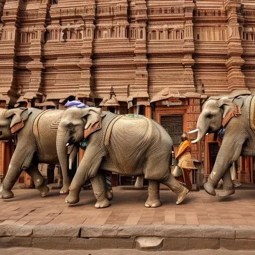 Prompt: elephants walking through streets of Madurai City during the 3rd Century CE