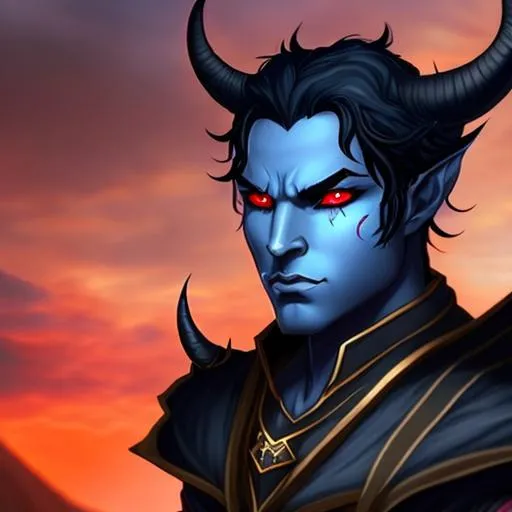 Prompt: A horned male tiefling with dark blue skin, and short black hair. He has red eyes and wears black robes 