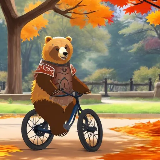 Prompt: Bear wearing samurai armor riding a unicycle in park with maple trees in autumn