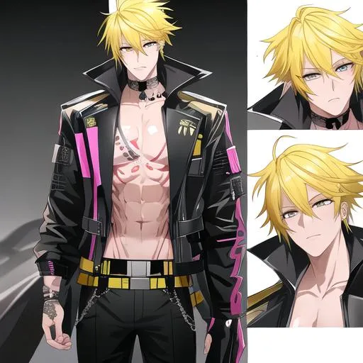 Prompt: Male (short yellow hair) pink vertical line tattoo's on his chest, skull tattoo on his arm, black pants with a skull belt

highly detailed face, 8K, Insane detail, best quality, UHD, Highly detailed, insane detail, high quality. 