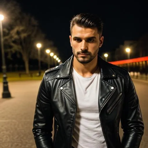 Prompt: hungarian man staring at you, he is wearing a black leather jacket, its night in the background and its at a park