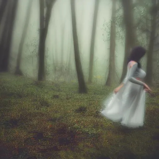 Prompt: A beautiful woman facing away from the camera looking into misty forest standing in flowing grass slightly blurred out