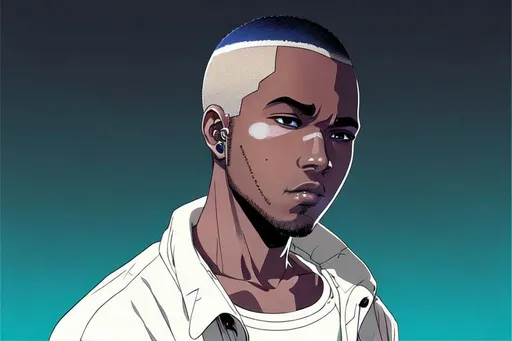 Prompt: Frank Ocean in one piece anime, all geometrically correct, proportionate face, high detail, concept art, character art, detailed eyes, detailed lips, detailed nose, 