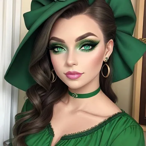 Prompt: A woman all in green, green eyes, pretty makeup