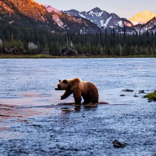 Prompt: photograph of grizzly bear catching salmon fish in a river with mountains and pine trees behind and a sunset