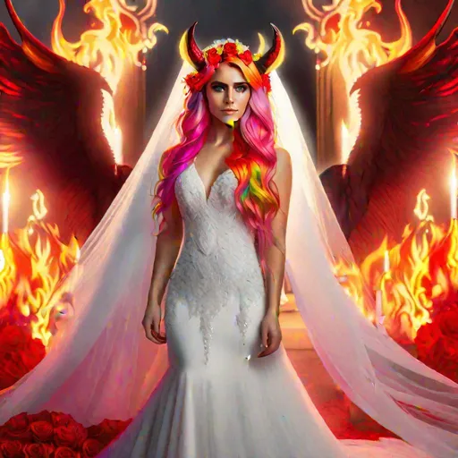 Prompt: Haley  as a demon horse hybrid (bright multi-color hair) (multi-color eyes) wearing a wedding dress (demon tail) (demon wings) standing at the altar in hell