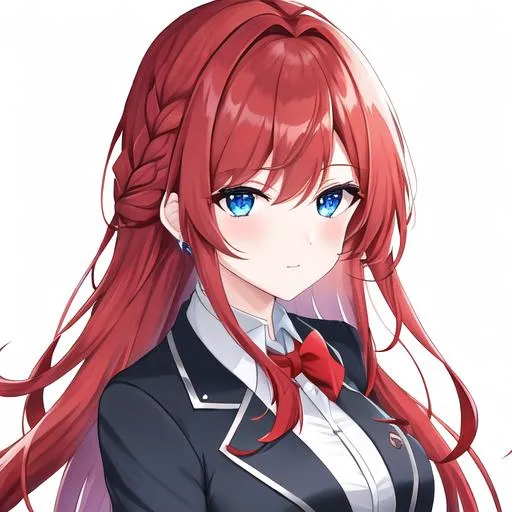 Prompt: Haley 1female (braided red hair pulled back, lively blue eyes. Wearing a tuxedo. UHD,