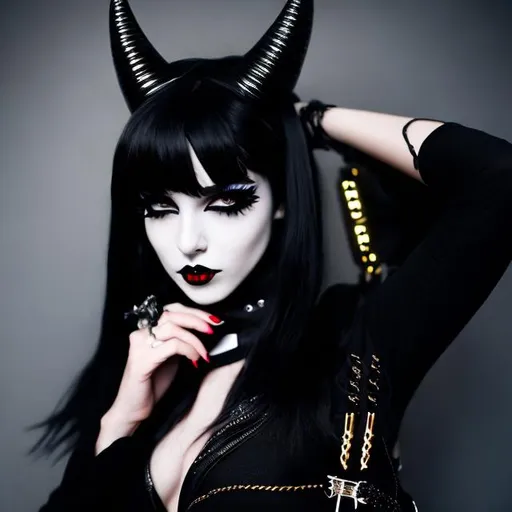 Prompt: 1girl,fashion model,face,black eyelids,black lips, small horns,cross-belts,navel,full_shot,(belts:1.3),
<lora:Gothpunkgirl:1.1>,goth,
<lora:DeathMetal:0.9>,black metal print, hypersexual, tall girl, multiple piercings, 
<lora:twisted_torso_v0.1:0.8>,from behind,looking back,
professional lighting,natural shadow,depth of field,
(tattoo:0.7), (high detail:1.4), (highres:1.4), ultra detailed