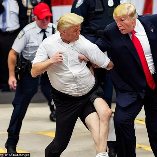 Prompt: Donald Trump wearing a prison jumpsuit, being tackled by police