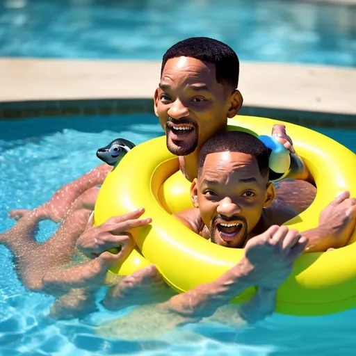 Prompt: Will Smith, using the duck inflatable ring in the swimming pool. is drowning