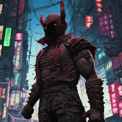 Prompt: muscular face-masked villain called BlisterFist (when he punches people, they blister and explode). Blood spatters. Very Dark image with lots of shadows. Background partially destroyed neo Tokyo. Noir anime. Gritty. Dirty. Black with neon forest green accents. Shogun armour. Bionic enhancements.