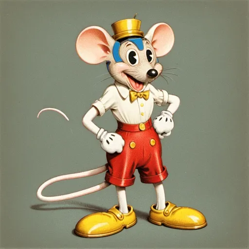 Prompt: 1930s rubberhose style illustration of the anthropomorphic mouse, wearing white gloves and red shorts with two gold buttons and yellow shoes
