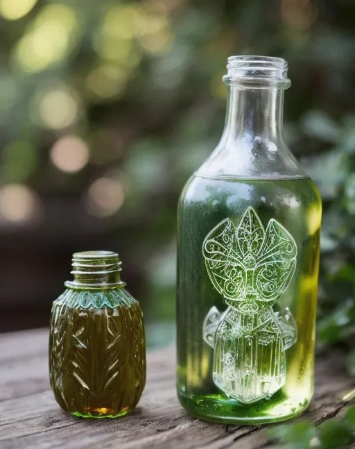Prompt: A beautiful face green fairy in a glass bottle 