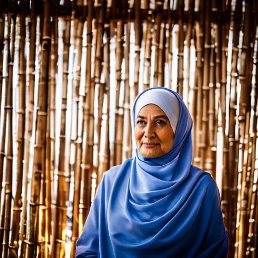 Prompt: A photo of a hijabi 70 year old woman puffing smoke, detailed face, detailed skin, white abaya, in the old wooden bamboo hut, night, bulb light, dark, cinematic, depth of field, low iso