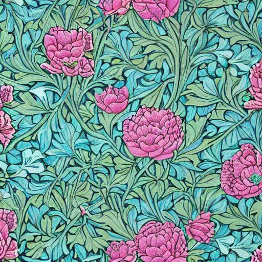 Prompt: A William Morris style pattern with peonies, frogs ,  in teal and pink.