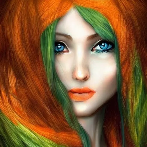 Prompt: Elven 
orange long hair
Women
Pretty
Fantasy 
Art
Green eyes