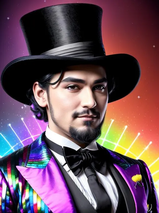 Prompt: Create an 8K resolution digital art portrait of the God of the Dark Rainbow, Aurora, with a young, pop, and elegant appearance. The portrait should be a head and shoulders view, showcasing him as a trickster and entertainer, wearing a black tux and top hat. The style should be fantasy magic with a stylish beard, hyper-detailed painting, and dynamic lighting that creates a clear and deep color effect. Use a triadic color scheme and add Unreal Engine 5 volumetric lighting to enhance the overall effect. The portrait should be created by Greg Rutkowski, Artgerm, WLOP, Alphonse Mucha, or one of the other artists known for creating intricate and highly detailed artwork. The environment should also be detailed and intricate, featuring global illumination, and rendered in Unreal Engine 5. The overall effect should be sharp and focused, with a studio photo feel, and trending on ArtStation.