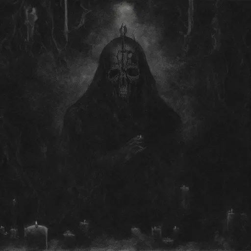 Prompt: High quality artwork for a black metal album. Elegy for the Dead Silent Remains. dead priests praying around the fog. surrounded by candles.