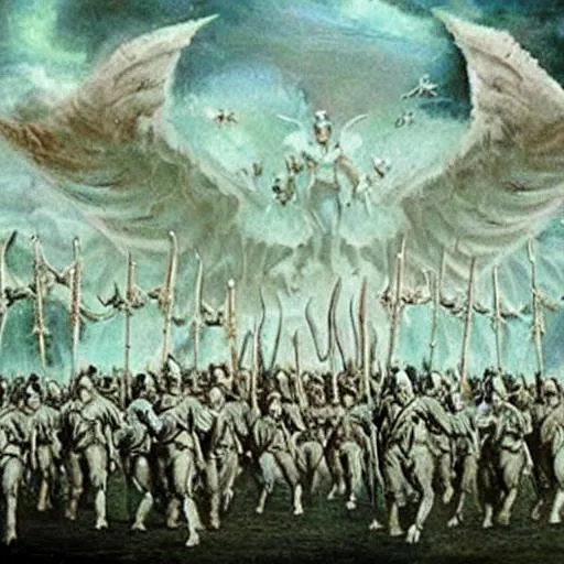 Prompt: angels marching to war with Hell

 
