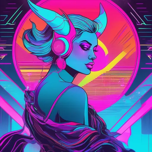 Prompt: a beautiful female demon in a dynamic pose in a retro futuristic synthwave neon paradise.  neon lighting, high quality, beautiful, masterpiece, artistic, synthwave, cyber, retro, futuristic